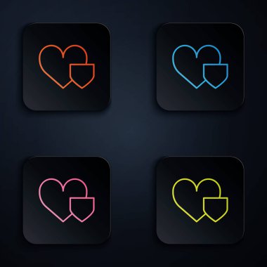 Siyah zemin üzerinde kalkan simgesi olan renkli neon çizgili kalp. Aşk sembolü. Sigorta konsepti. Güvenlik, güvenlik, koruma, konsept koruma. Renkli kare düğmelere simgeleri yerleştir. Vektör İllüstrasyonu
