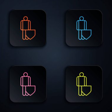Siyah arka planda kalkan ikonu olan renkli neon çizgili hayat sigortası. Güvenlik, güvenlik, koruma, konsept koruma. Renkli kare düğmelere simgeleri yerleştir. Vektör İllüstrasyonu