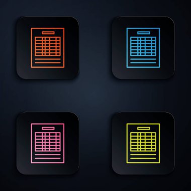 Siyah arkaplanda renkli neon çizgi Rapor dosya simgesi. Kontrol listesi simgesi. İş konsepti. Renkli kare düğmelere simgeleri yerleştir. Vektör İllüstrasyonu