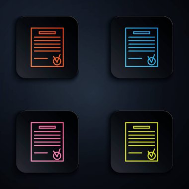 Renk neon çizgisi onaylandı ve siyah arkaplan üzerindeki işaret simgesini işaretleyin. Kontrol listesi simgesi. İş konsepti. Renkli kare düğmelere simgeleri yerleştir. Vektör İllüstrasyonu