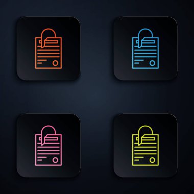 Siyah arkaplanda renkli neon çizgi dosyası ve ataç simgesi. Kontrol listesi simgesi. İş konsepti. Renkli kare düğmelere simgeleri yerleştir. Vektör İllüstrasyonu