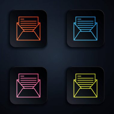 Siyah arkaplanda renkli neon hattı E- posta simgesi ve e- posta simgesi. Zarf sembolü e-postası. E- posta kodu. Renkli kare düğmelere simgeleri yerleştir. Vektör İllüstrasyonu
