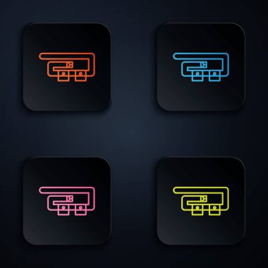 Renkli neon çizgisi dalgıç kuşağı simgesi siyah arkaplanda izole edildi. Dalış takımları. Su altı ekipmanları. Renkli kare düğmelere simgeleri yerleştir. Vektör İllüstrasyonu