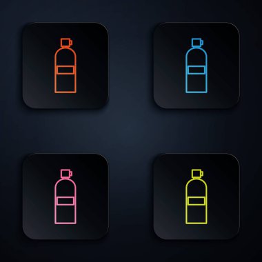 Siyah arkaplanda renkli neon çizgisi Aqualung simgesi. Dalgıçlar için oksijen tüpü. Dalış ekipmanları. Olağanüstü bir spor. Su altı ekipmanları. Renkli kare düğmelere simgeleri yerleştir. Vektör İllüstrasyonu