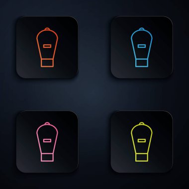 Renkli neon çizgisi kaldırma torbası simgesi siyah arkaplanda izole edildi. Su altı ekipmanları. Renkli kare düğmelere simgeleri yerleştir. Vektör İllüstrasyonu