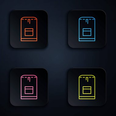 Renkli neon çizgisi sırt çantası simgesi siyah arkaplanda izole edildi. Su altı ekipmanları. Renkli kare düğmelere simgeleri yerleştir. Vektör İllüstrasyonu