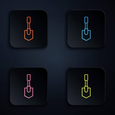 Renkli neon çizgi kürek simgesi siyah arkaplanda izole edildi. Bahçe aletleri. Bahçecilik, tarım, çiftçilik aleti. Renkli kare düğmelere simgeleri yerleştir. Vektör İllüstrasyonu