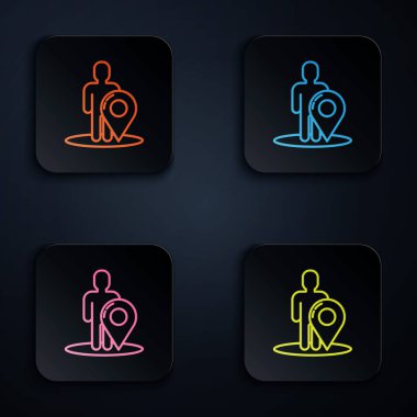 Siyah arkaplanda bir kişi simgesinin silüeti olan renkli neon çizgi haritası. GPS konum sembolü. Renkli kare düğmelere simgeleri yerleştir. Vektör İllüstrasyonu