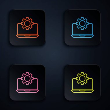Renkli neon hattı dizüstü bilgisayar ve siyah arkaplanda dişli simgesi. Laptop servis konsepti. Uygulama ayarlanıyor, seçenekler ayarlanıyor, bakım, onarım, onarım. Renkli kare düğmelere simgeleri yerleştir. Vektör İllüstrasyonu