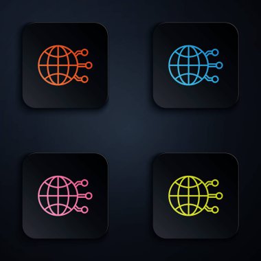 Renkli neon hattı Global teknoloji veya sosyal ağ simgesi siyah arkaplanda izole edildi. Renkli kare düğmelere simgeleri yerleştir. Vektör İllüstrasyonu