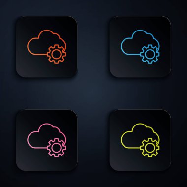 Renkli neon hattı Cloud teknoloji veri transferi ve siyah arkaplanda depolama simgesi. Ayarlama, servis, ayar, bakım, onarım, onarım. Renkli kare düğmelere simgeleri yerleştir. Vektör İllüstrasyonu