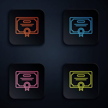 Siyah arkaplanda renkli neon çizgi sertifika şablonu simgesi. Başarı, ödül, diploma, burs, diploma. İş başarısı sertifikası Renkli kare düğmelere simgeleri yerleştir. Vektör İllüstrasyonu
