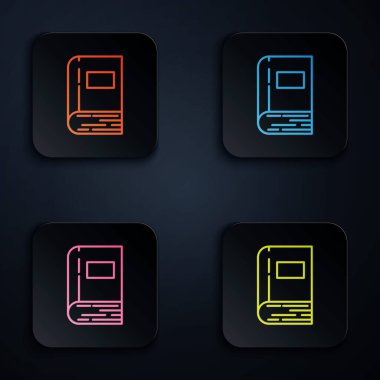 Renkli neon çizgi Kitap simgesi siyah arkaplanda izole edildi. Renkli kare düğmelere simgeleri yerleştir. Vektör İllüstrasyonu