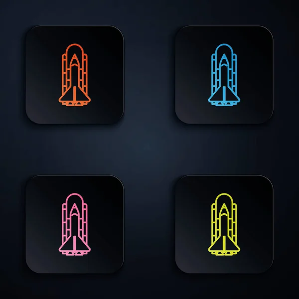 Színes neon vonal Űrsikló és rakéták ikon elszigetelt fekete alapon. Állítsa ikonok színes négyzet gombok. Vektorillusztráció — Stock Vector