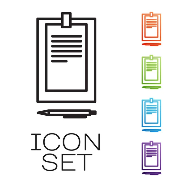 Portapapeles de línea negra con icono de documento aislado sobre fondo blanco. Establecer iconos de colores. Ilustración vectorial — Archivo Imágenes Vectoriales