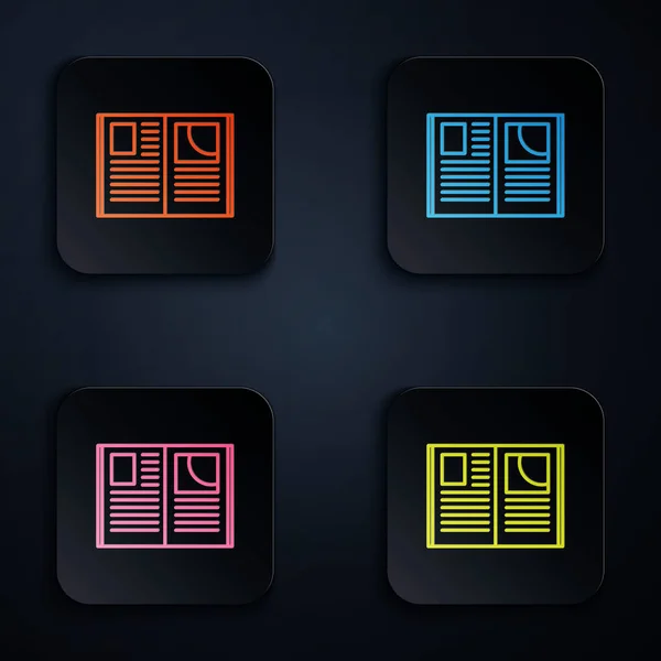Kleur neon lijn Open boek pictogram geïsoleerd op zwarte achtergrond. Stel pictogrammen in kleurrijke vierkante knoppen. Vector Illustratie — Stockvector