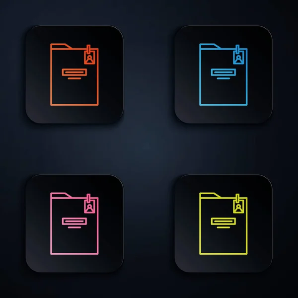 Barva neonové čáry Ikona osobní složky na černém pozadí. Nastavit ikony v barevných čtvercových tlačítcích. Vektorová ilustrace — Stockový vektor