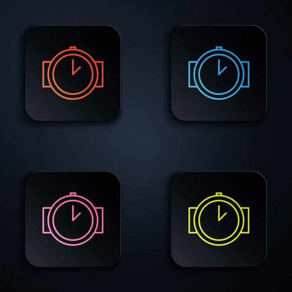 Color neon line Diving watch icon isolated on black background. Diving underwater equipment. Set icons in colorful square buttons. Vector Illustration