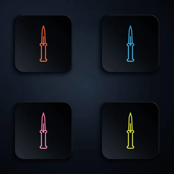 Linea al neon a colori icona del coltello isolata su sfondo nero. Coltello militare. Set icone in colorati pulsanti quadrati. Illustrazione vettoriale — Vettoriale Stock