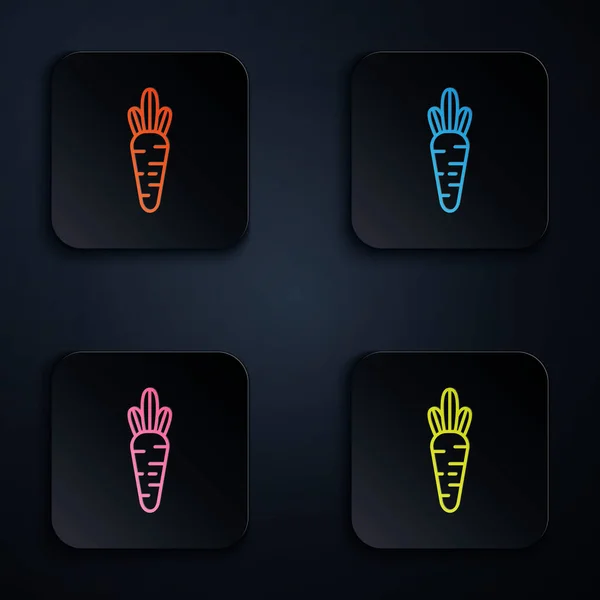 Color neón línea Zanahoria icono aislado sobre fondo negro. Establecer iconos en botones cuadrados de colores. Ilustración vectorial — Vector de stock
