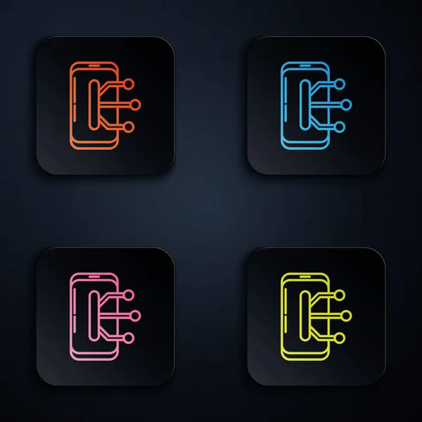Barva neon linka Smartphone, ikona mobilního telefonu izolované na černém pozadí. Nastavit ikony v barevných čtvercových tlačítcích. Vektorová ilustrace — Stockový vektor