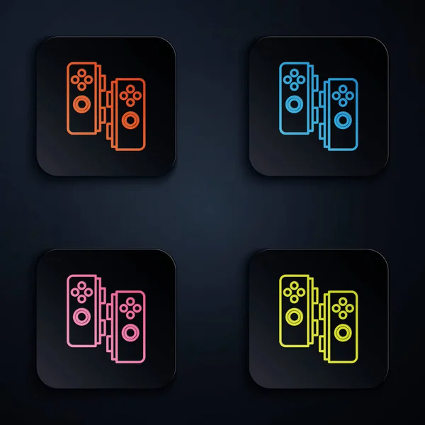 Color neón línea Gamepad icono aislado sobre fondo negro. Controlador de juego. Establecer iconos en botones cuadrados de colores. Ilustración vectorial — Archivo Imágenes Vectoriales
