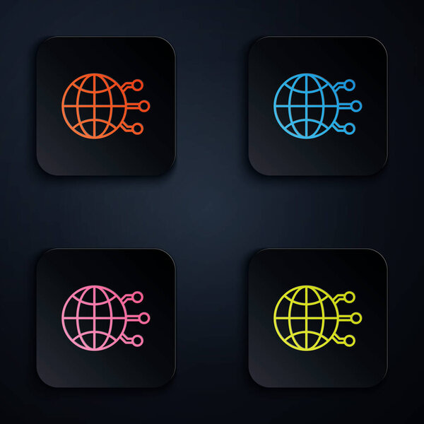 Color neon line Global technology or social network icon isolated on black background. Set icons in colorful square buttons. Vector Illustration