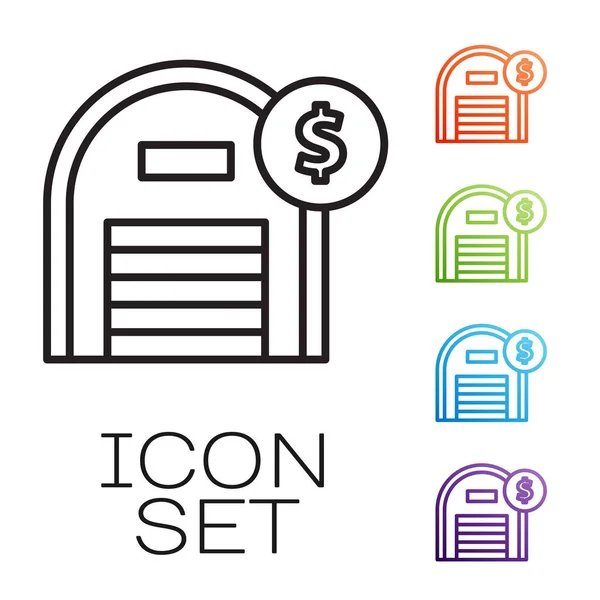 Magazzino linea nera con icona simbolo dollaro isolato su sfondo bianco. Concetto immobiliare. Set icone colorate. Illustrazione vettoriale — Vettoriale Stock