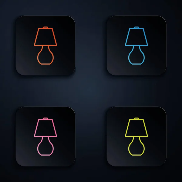 Color neón línea Icono de lámpara de mesa aislado sobre fondo negro. Establecer iconos en botones cuadrados de colores. Ilustración vectorial — Archivo Imágenes Vectoriales