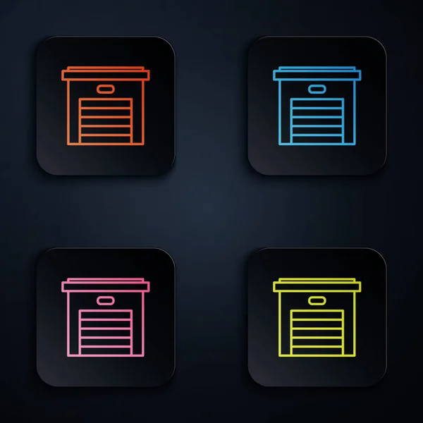 Kleur neon lijn Garage pictogram geïsoleerd op zwarte achtergrond. Stel pictogrammen in kleurrijke vierkante knoppen. Vector Illustratie — Stockvector