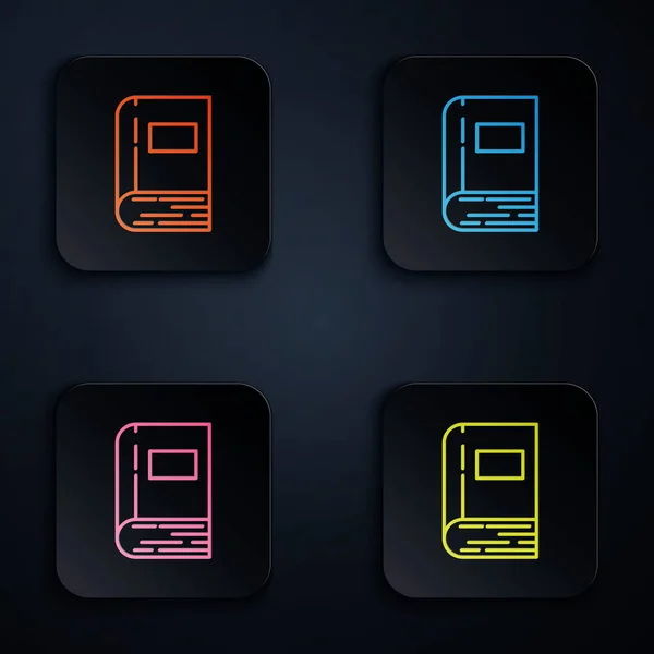 Kolor neon linii Ikona książki izolowane na czarnym tle. Zestaw ikon w kolorowe kwadratowe przyciski. Ilustracja wektora — Wektor stockowy