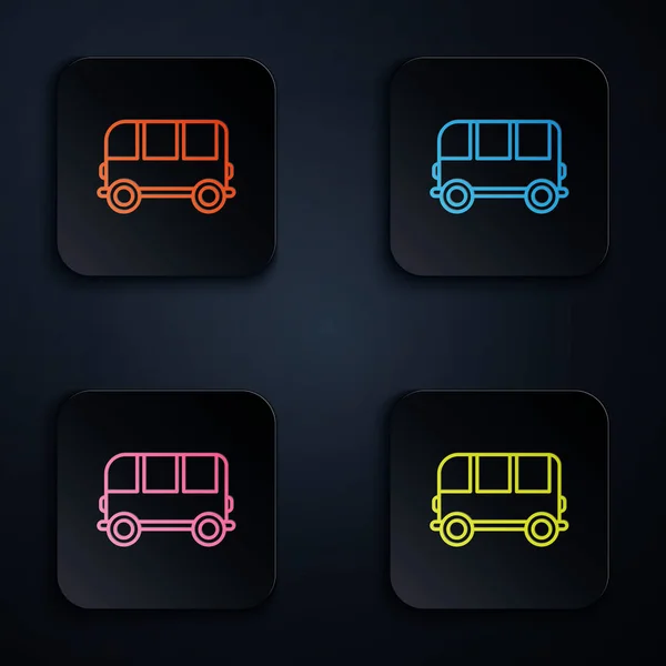 Kleur neon lijn School Bus pictogram geïsoleerd op zwarte achtergrond. Stel pictogrammen in kleurrijke vierkante knoppen. Vector Illustratie — Stockvector