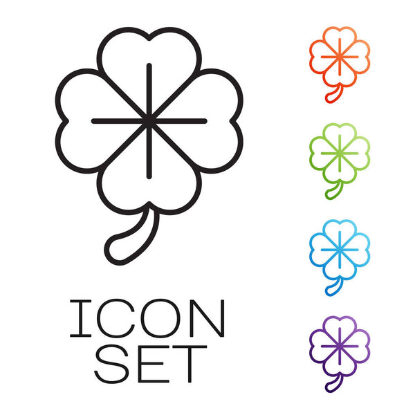 Черная линия Четыре листа клевера значок изолирован на белом фоне. С днем Святого Патрика. Набор иконок красочный. Векторная миграция
