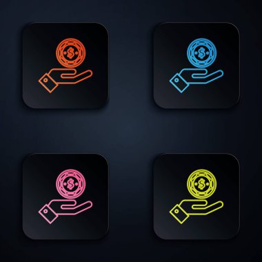 Renkli neon çizgili el, siyah arka planda izole edilmiş kumarhane çiplerini tutuyor. Kumarhane kumarı. Renkli kare düğmelere simgeleri yerleştir. Vektör İllüstrasyonu