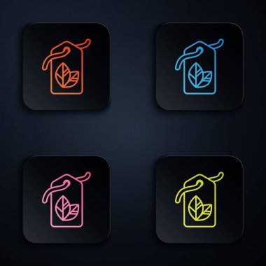 Siyah arkaplanda yaprak sembolü simgesi olan renkli neon çizgi etiketi. Pankart, etiket, etiket, logo, çevre yeşili etiketi. Renkli kare düğmelere simgeleri yerleştir. Vektör İllüstrasyonu