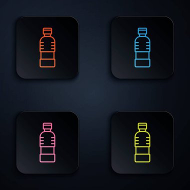 Siyah arkaplanda izole edilmiş renkli neon çizgisi su ikonu. Soda su içme tabelası. Renkli kare düğmelere simgeleri yerleştir. Vektör İllüstrasyonu