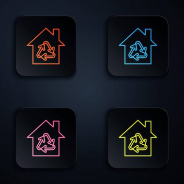 Siyah zemin üzerinde geri dönüşüm sembolü olan renkli neon çizgili Eco House. Geri dönüşüm oklarıyla ekoloji evi. Renkli kare düğmelere simgeleri yerleştir. Vektör İllüstrasyonu