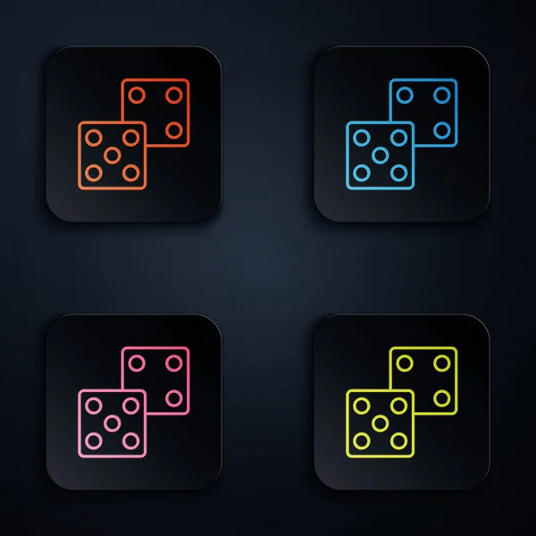 Farbe Neon Line Würfelspiel-Symbol isoliert auf schwarzem Hintergrund. Casino-Glücksspiel. setzen Symbole in bunten quadratischen Tasten. Vektorillustration — Stockvektor