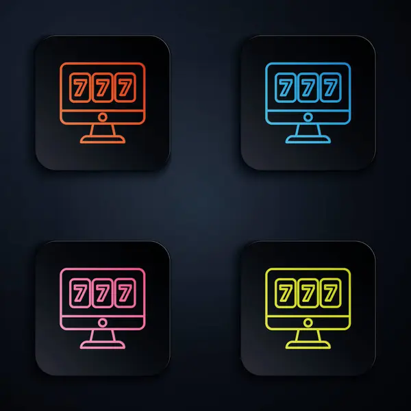 Színes neon line Online nyerőgép szerencsés hetes jackpot ikon elszigetelt fekete alapon. Online kaszinó. Állítsa ikonok színes négyzet gombok. Vektorillusztráció — Stock Vector