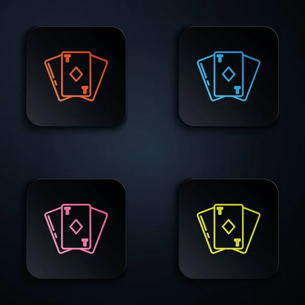 Färg neon linje Spela kort med diamanter symbol ikon isolerad på svart bakgrund. Kasinospel. Ställ ikoner i färgglada fyrkantiga knappar. Vektor Illustration — Stock vektor