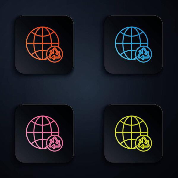 Color neon line Planet earth and a recycling icon isolated on black background. Environmental concept. Set icons in colorful square buttons. Vector Illustration