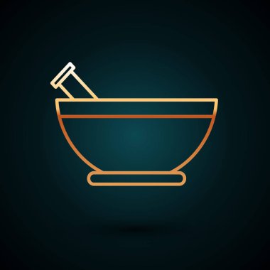 Altın çizgili havan topu ve tokmak simgesi koyu mavi arkaplanda izole edilmiş. Vektör İllüstrasyonu