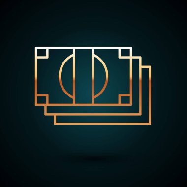 Altın çizgisi, kağıt para yığını koyu mavi arka planda izole nakit ikonu. Para desteleri. Para birimi. Vektör İllüstrasyonu