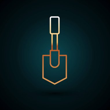 Altın çizgili kürek simgesi koyu mavi arkaplanda izole edilmiş. Bahçe aletleri. Bahçecilik, tarım, çiftçilik aleti. Vektör İllüstrasyonu