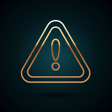 Koyu mavi arka planda izole edilmiş üçgen ikonunda altın çizgi ünlem işareti. Tehlike uyarısı, dikkat, dikkat, tehlike uyarısı önemli bir işaret. Vektör İllüstrasyonu