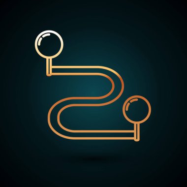 Altın çizgili rota konumu simgesi koyu mavi arkaplanda izole edildi. Harita işaretçisi işareti. Yol ya da yol kavramı. GPS yön bulucu. Vektör İllüstrasyonu