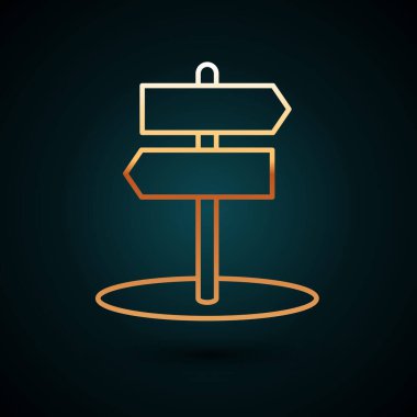 Altın çizgili trafik levhası. Koyu mavi arkaplanda sinyal simgesi izole edildi. İşaretçi sembolü. İzole sokak bilgi levhası. Yön tabelası. Vektör İllüstrasyonu