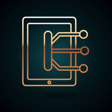 Altın çizgili Tablet simgesi koyu mavi arkaplanda izole edildi. Vektör İllüstrasyonu