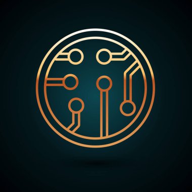 Altın çizgili İşlemci simgesi koyu mavi arkaplanda izole edildi. İşlemci, merkezi işlem birimi, mikroçip, mikro devre, bilgisayar işlemcisi, çip. Vektör İllüstrasyonu