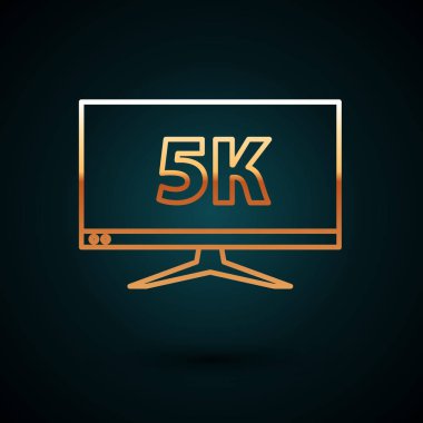 Koyu mavi arkaplanda 5k video teknolojisi ikonu bulunan altın çizgi bilgisayar monitörü. Vektör İllüstrasyonu
